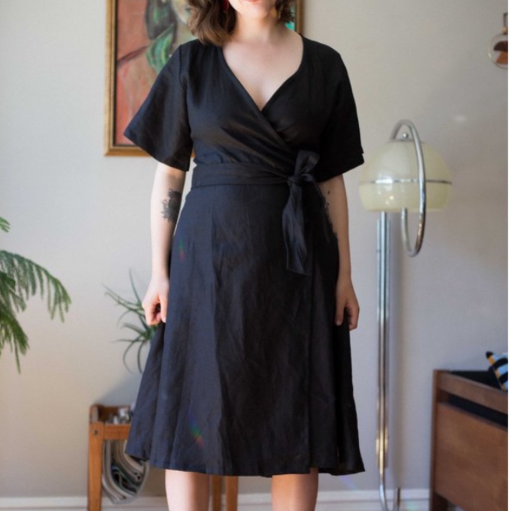 June isle Charcoal blue linen wrap dress